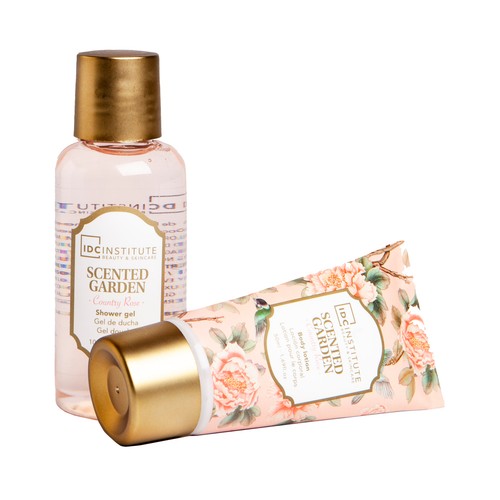 IDC INSTITUTE Scented garden Bañera estampada con gel de baño de 100 ml y loción corporal de 50 ml, ambos con aroma a rosas.