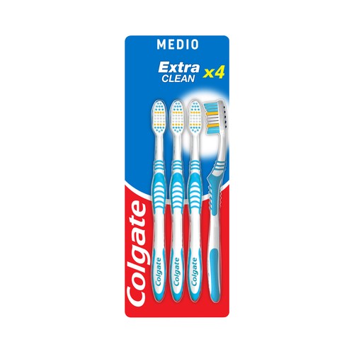COLGATE Extra clean Cepillo de dientes medio, que ayuda a eliminar las bacterias bucales 4 uds.