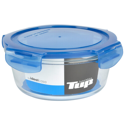 Recipiente redondo lunchbox de vidrio con tapa hermética de plástico color azul, 0,8l. IDEALCASA.