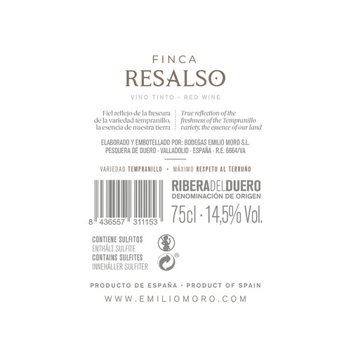 FINCA RESALSO de Emilio Moro  Vino tinto roble con D.O. Ribera del Duero botella de 75 cl.