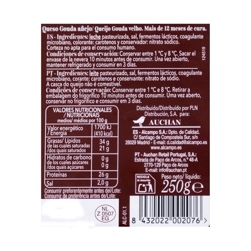 AUCHAN Collection Queso Gouda añejo (maduración + 12 meses) 250 g. Producto Alcampo
