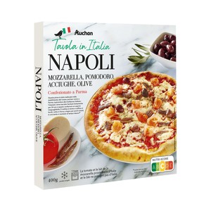 Imagen de AUCHAN Tavola Italia Pizza cocida al horno de leña de tomate, anchoas y aceitunas 400 g.