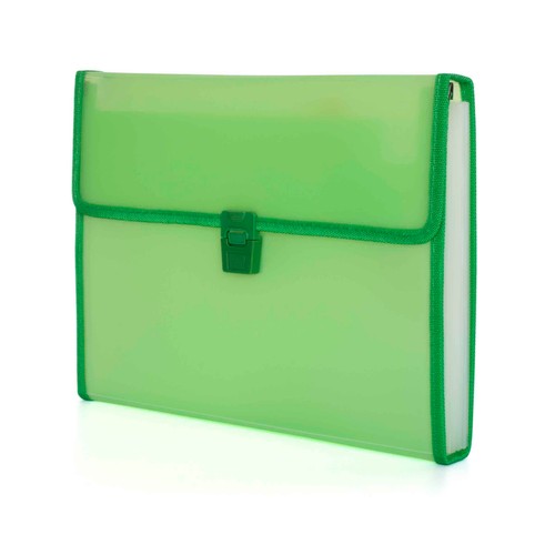 Carpeta clasificadora de polipropileno verde, de tamaño folio, con fuelle, 12 bolsas separadoras y cierre automático GRAFOPLÁS.