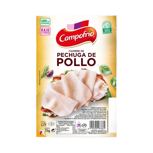 Imagen de Fiambre de pechuga de pollo extra-jugosa, cortada en lonchas CAMPOFRÍO 80 g.