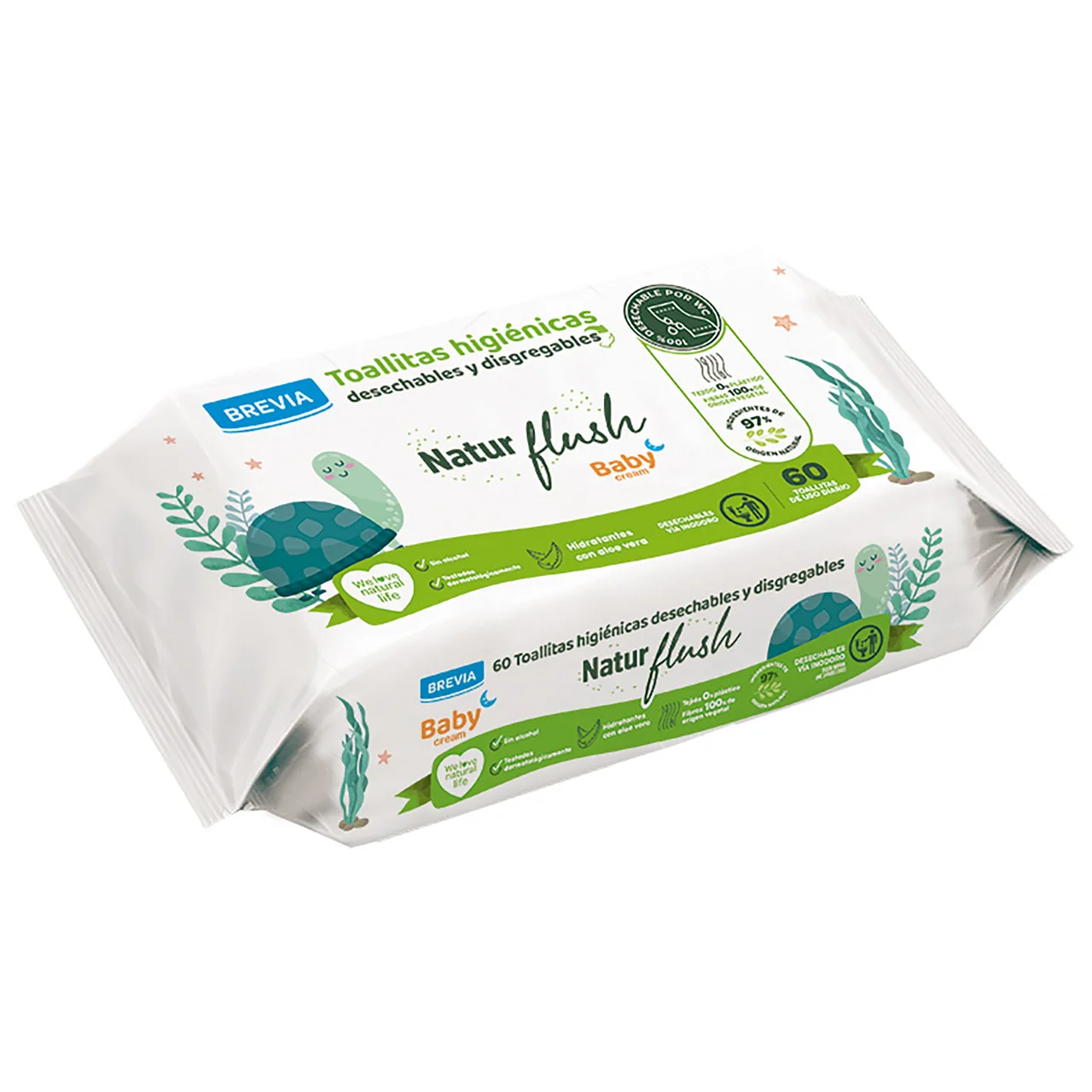 Natur flush Toallitas humedas higiénicas, desechables y biodegradables para bebé 60 uds.