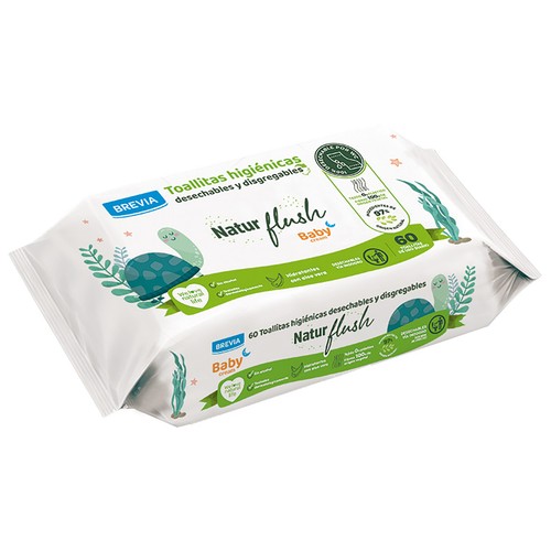 BREVIA Natur flush Toallitas humedas higiénicas, desechables y biodegradables para bebé 60 uds.