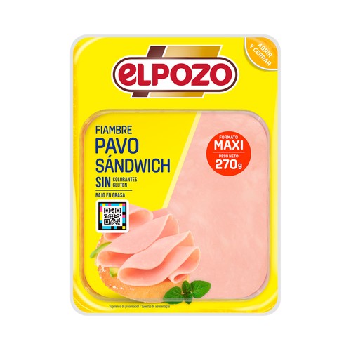 Fiambre de pavo, lonchas especiales para sándwich, elaborado sin gluten EL POZO 300 g.