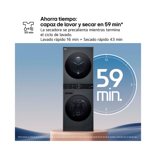 Torre de Lavadora y secadora LG WT1210BBF Inox, lavado/secado: 12KG/10KG, clasificación energética: A, 1400RPM, H: 165,5cm, A: 60cm,F: 66cm.
