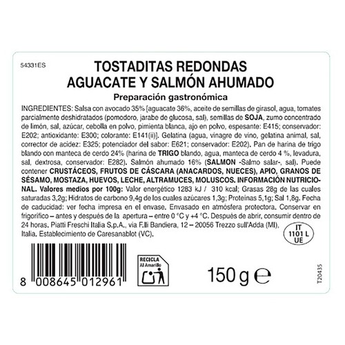 ARTURO VOGLIAZZI Tartine de aguacate y salmón ahumado 4 uds. 150 g. 