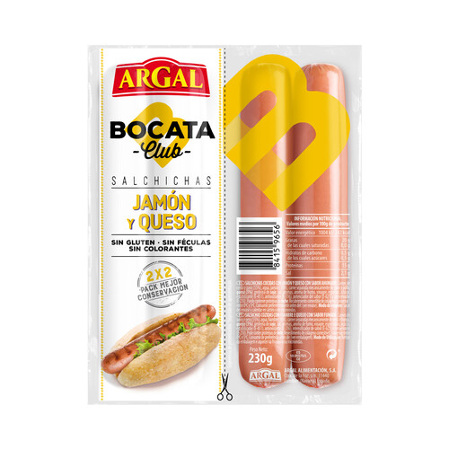 Salchichas cocidas con jamón y queso y sabor ahumado ARGAL Bocata club 230 g.