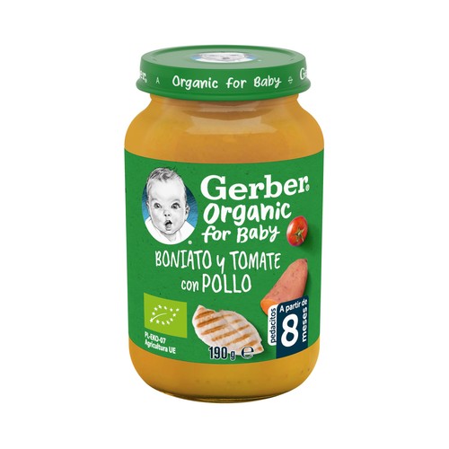 GERBER Organic Tarrito de boniato y tomate con pollo ecológico, a partir de 8 meses 190 g.