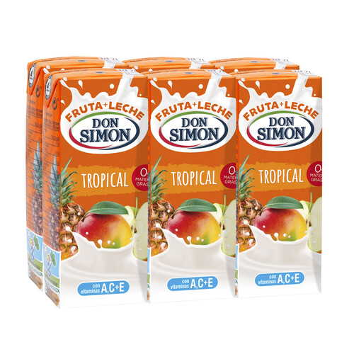 Bebida de fruta y leche, Tropical, 0% materia grasa DON SIMON Funciona max 6 x 200 ml.