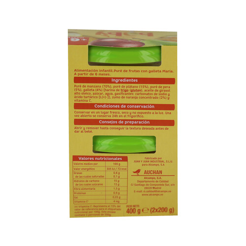 ALCAMPO BABY Tarrito de frutas (manzana, plátano, naranja y pera) con galleta maría, a partir de 6 meses ALCAMPO BABY 2 x 200 g.