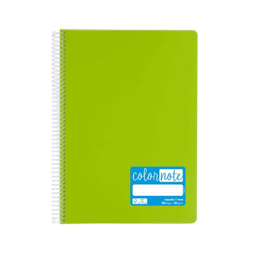 Cuaderno tamaño A4 con cubiertas de PP en color verde claro y espiral plástica, con 80 hojas de rayadas de 7 mm y de 90 gr en el interior, GRAFOPLAS.