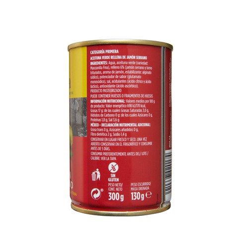 JOLCA Aceitunas verdes manzanilla rellenas de jamón serrano lata de 130 g.