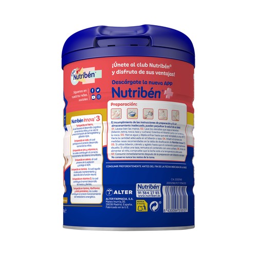 NUTRIBÉN Innova Preparado lácteo (3) de crecimiento a partir de 12 meses 800 g.