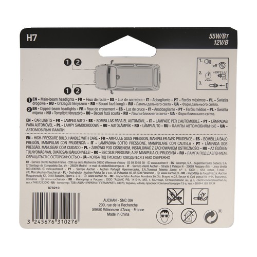 2 bombillas para automóvil H7, 55W/Bt -12V/B, PRODUCTO ALCAMPO