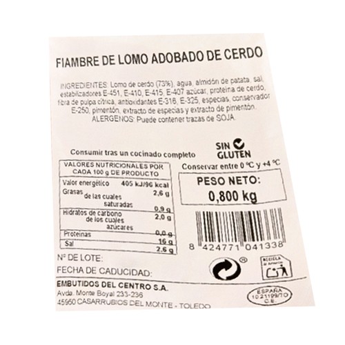 EMBUTIDOS DEL CENTRO Fiambre de lomo adobado de cerdo paquete de 800 g.