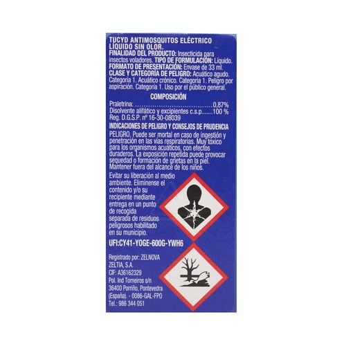 PRODUCTO ALCAMPO TUCYD Antimosquitos eléctrico líquido sin olor, recambio 33 ml.
