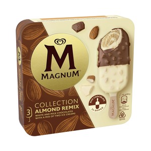 Imagen de MAGNUM Almond remix Bombón almendrado con helado sabor almendra, recubierto de chocolate con leche y chocolate blanco 3 x 85 ml.