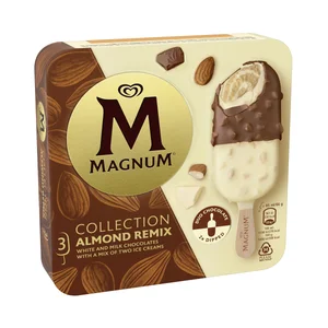 MAGNUM Almond remix Bombón almendrado con helado sabor almendra, recubierto de chocolate con leche y chocolate blanco 3 x 85 ml.