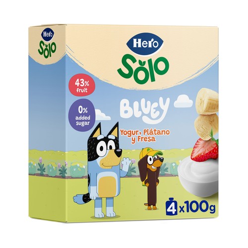 HERO Solo Bolsitas de yogur con plátano y fresa a partir de 12 meses 4 x 100 g.