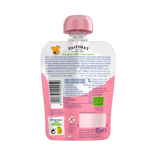 TEDDI Ecológico Bolsita (pouch) con yogurt ecológico con fresas 85 g.