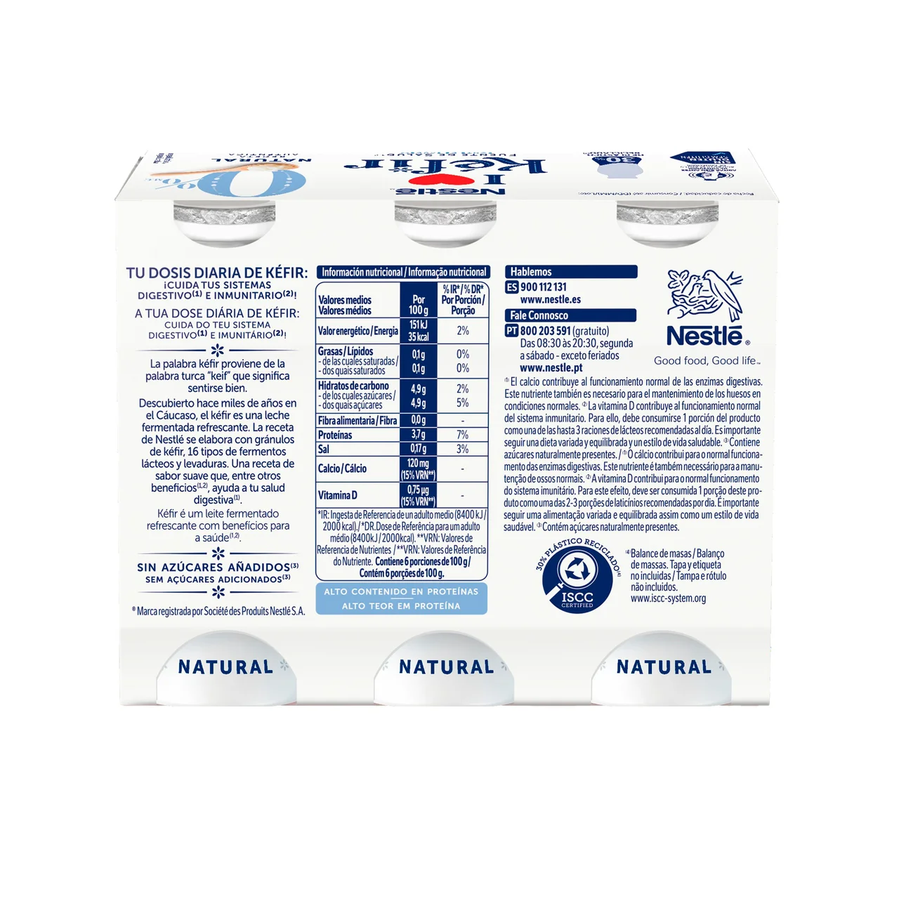 Kefir líquido natural desnatado (0% materia grasa), elaborado con fermentos lácteos y levaduras de 6 x 100 g.