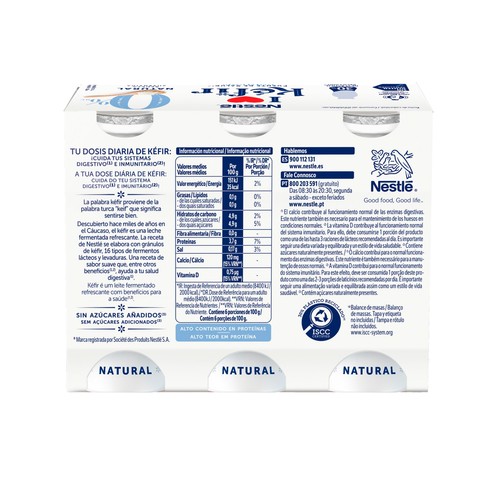 NESTLÉ Kefir líquido natural desnatado (0% materia grasa), elaborado con fermentos lácteos y levaduras de 6 x 100 g.