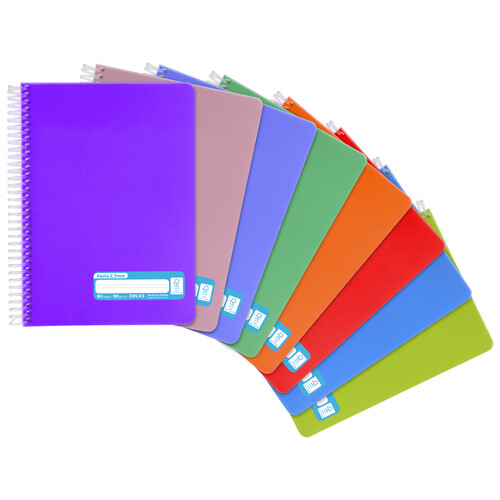 Cuaderno tamaño A5 con cubiertas de PP en colores surtidos y espiral plástica, interior de 80 hojas de 90 gr con pauta de 2,5mm, GRAFOPLAS.