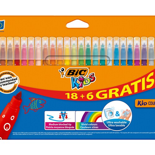 Caja con 24 rotuladores con punta media y tinta lavable de diferentes colores BIC Kids.