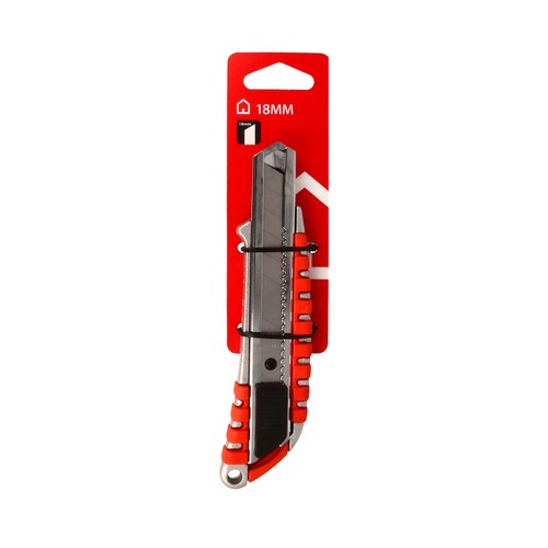 Cutter bimateria con hoja de 18 mm con tonalidades rojas y pestaña de bloqueo, HERRAMIENTAS