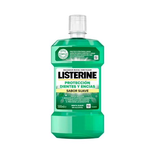 LISTERINE Enjuague bucal de uso diario, sin alcohol y con sabor a menta suave 500 ml.
