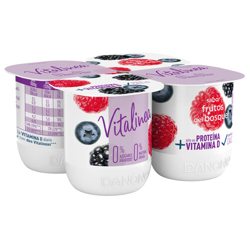 Yogur desnatado 0% materia grasa, sabor frutos del bosque VITALINEA de Danone 4 x 120 g.