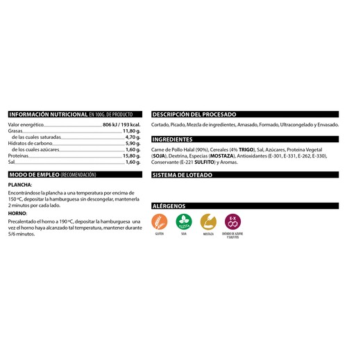 SIMON´S FOOD Hamburguesa de pollo con certificación Halal, ultracongeladas 3x80 g.