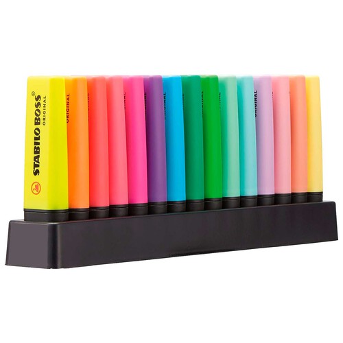 Marcador fluorescente STABILO BOSS ORIGINAL- Set de escritorio de 15 colores (9 fluorescente + 6 pastel).