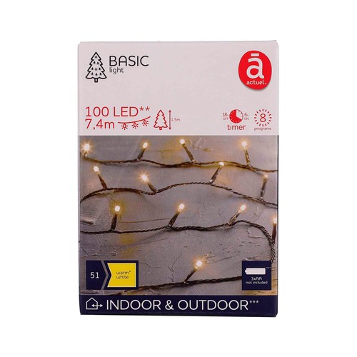 Guirnalda exterior, a pilas, con 100 luces led blanco cálido, 8 funciones, ACTUEL
