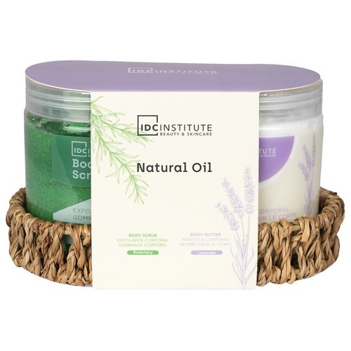 IDC INSTITUTE Natural oil Bandeja con manteca corporal (250 ml) aroma lavanda y exfoliante corporal (250 ml) aroma a romero