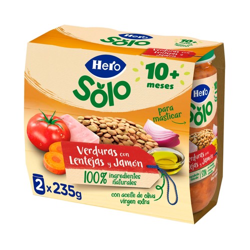 HERO Solo Tarrito de verduras con lentejas y jamón (textura con trocitos), a partir de 10 meses 2 x 235 g.