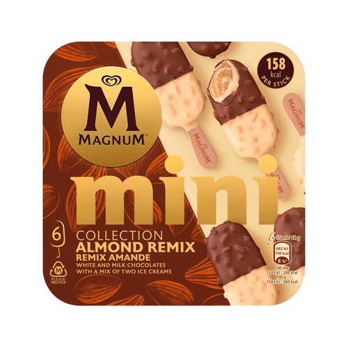 MAGNUM Mini bombón almendrado con helado sabor almendra, recubierto de chocolate con leche y chocolate blanco 6 x 55 ml.