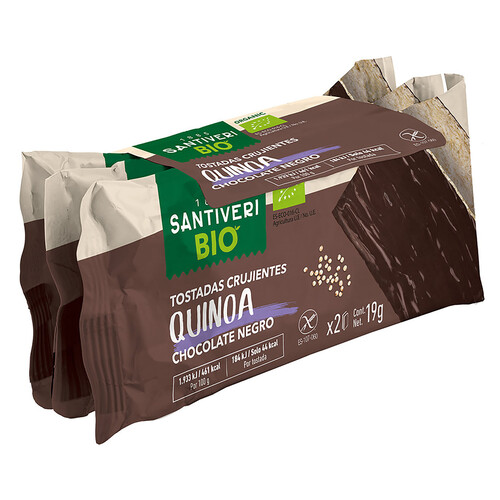 SANTIVERI Tostadas ligeras con quinoa bañadas en chocolate negro ecológicas SANTIVERI 3 uds. x 19 g.