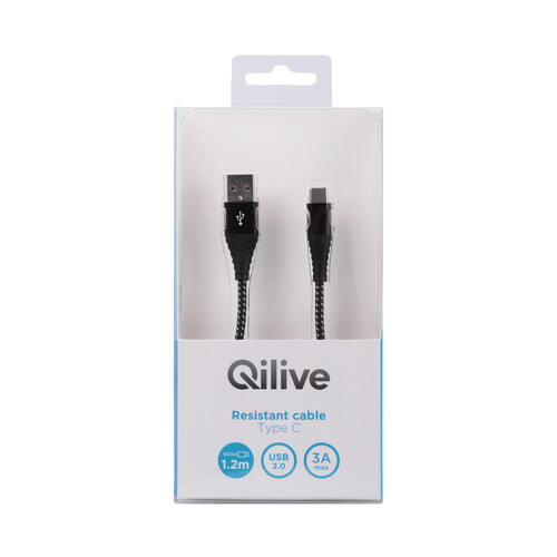 Cable de conexión QILIVE, conexión Usb C macho a Micro Usb macho, longitud 1,2m, color negro.
