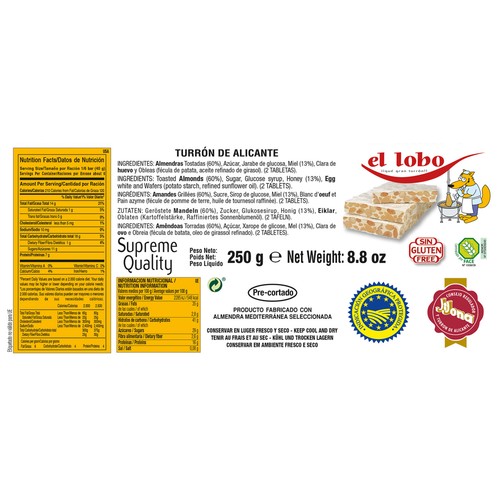EL LOBO Turrón duro de Alicante 250 g.