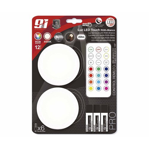 Pack de 2 luces Led Touch, multicolor RGB + blanco, mando a distancia, 6xAAA, luz neutra 4500K, NINE&ONE.