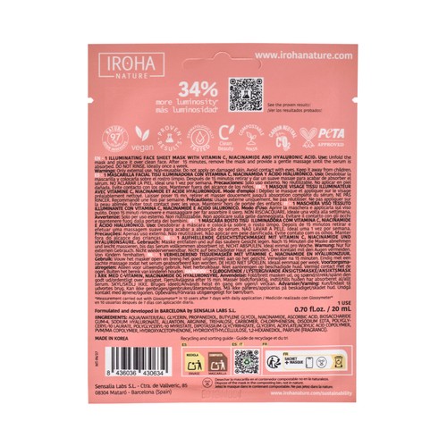 IROHA NATURE Mascarilla facial iluminadora e hidratante con vitamina C y ácido Hialurónico.