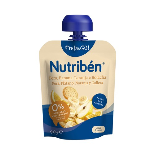 NUTRIBÉN Fruta & go! Bolsita de fruta (pera, platano y naranja) con galleta, a partir de 6 meses 90 g.