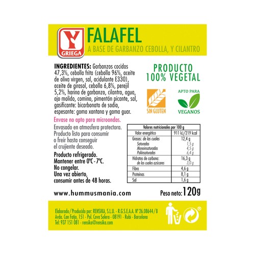 YGRIEGA Falafel a base de garbanzo, cebolla y cilantro YGRIEGA 120 g.
