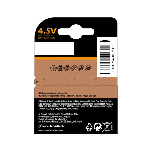 Pila alcalina de petaca, 4,5V, 3LR12, DURACELL Plus.