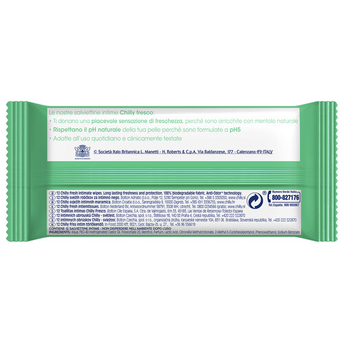 CHILLY Toallitas humedas biodegradables, para higiene intima, con pH5 y acción antiolor CHILLY Fresh 12 uds