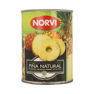 NORVI Piña natural en rodajas en su jugo sin azúcar añadido 340 g.